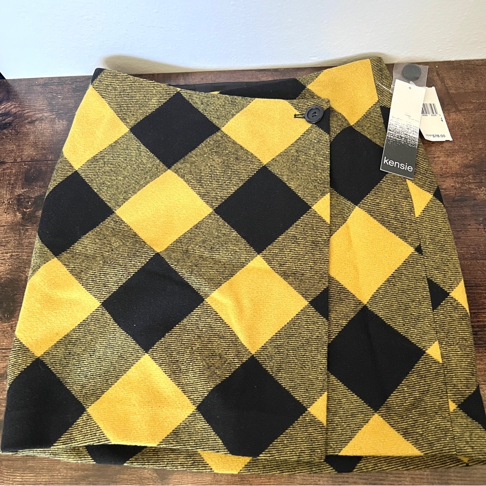 NWT KENSIE Woman's Yellow & Black Plaid Wool-Blend Mini-Skirt Size 4
